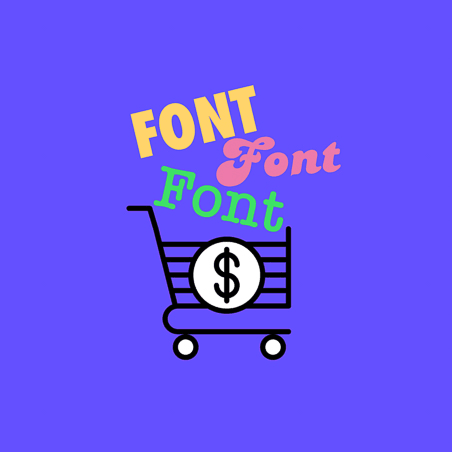 以三種不同字體呈現的「font」一字，正落入一台放有美元符號硬幣的購物車。